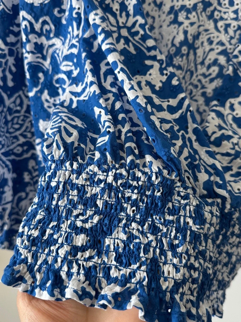 Zara Blue and White Floral Print V-Neck Smocked Waist Blouse